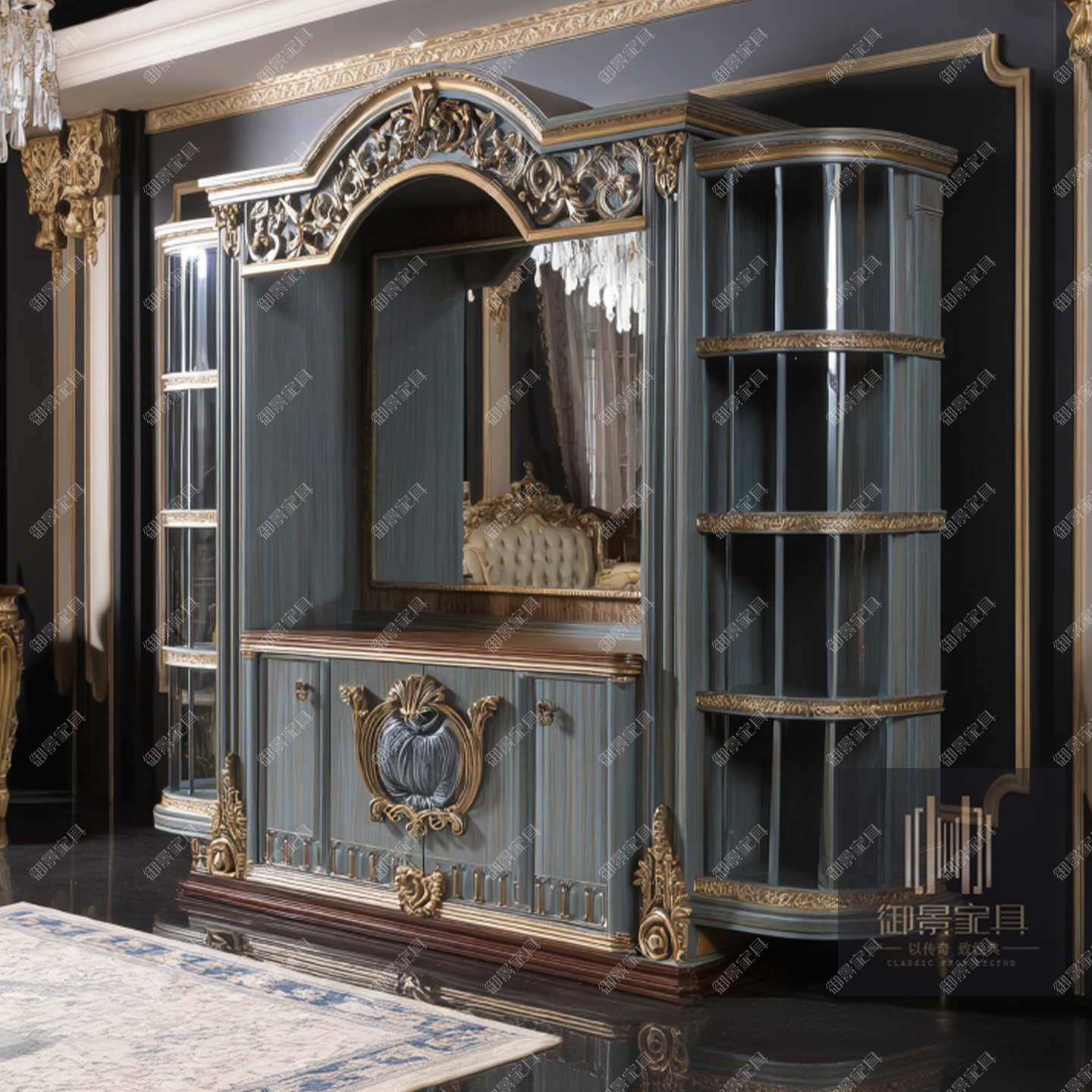 法式宫廷实木定制书柜欧式雕花装饰柜卧室电视柜收藏柜橱柜弧形柜