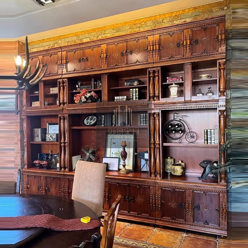美式实木书柜欧式书房家具书橱组合储物置复古做旧书架展示柜子