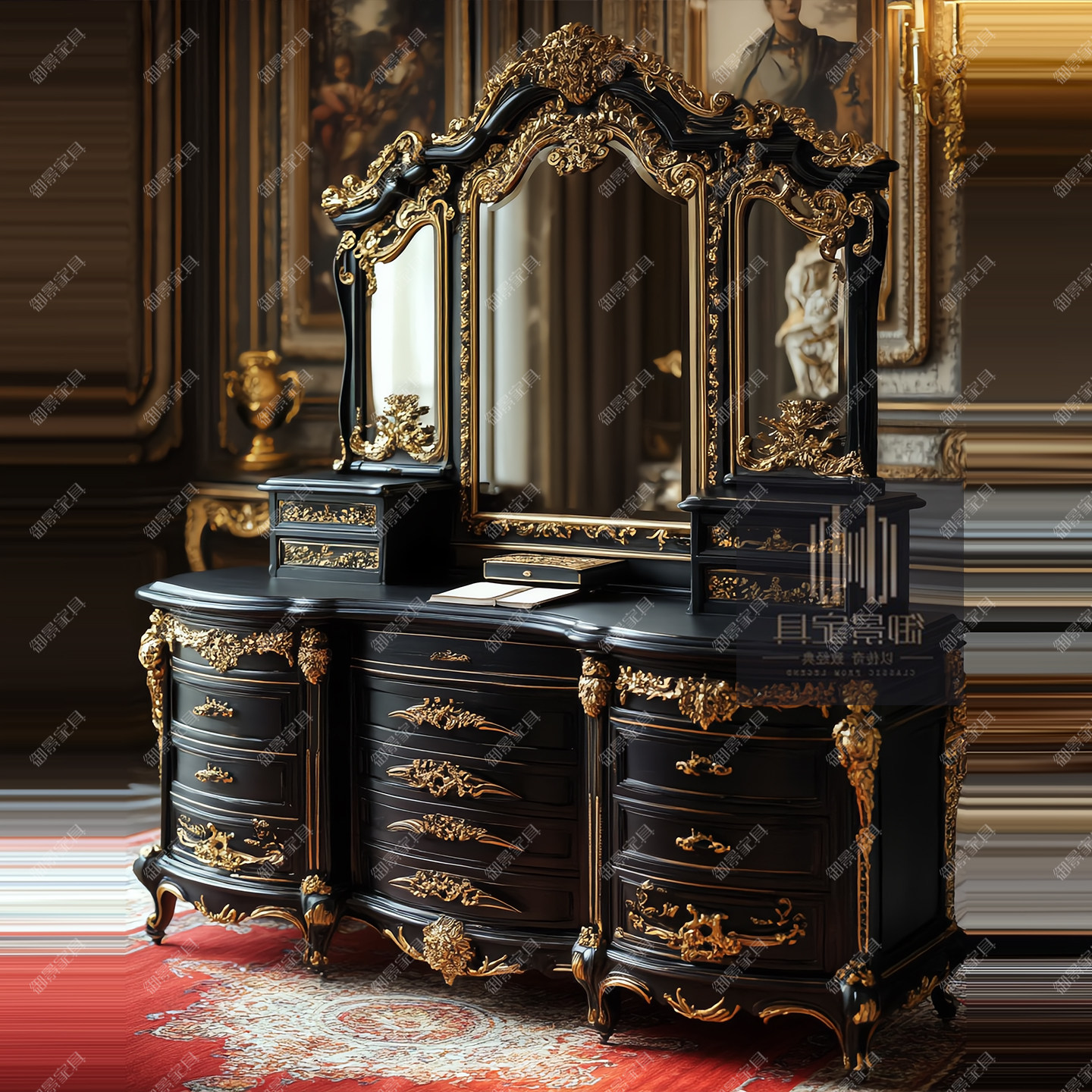 法式巴洛克实木梳妆台组合欧式雕花化妆柜收纳柜别墅卧室珠宝柜子