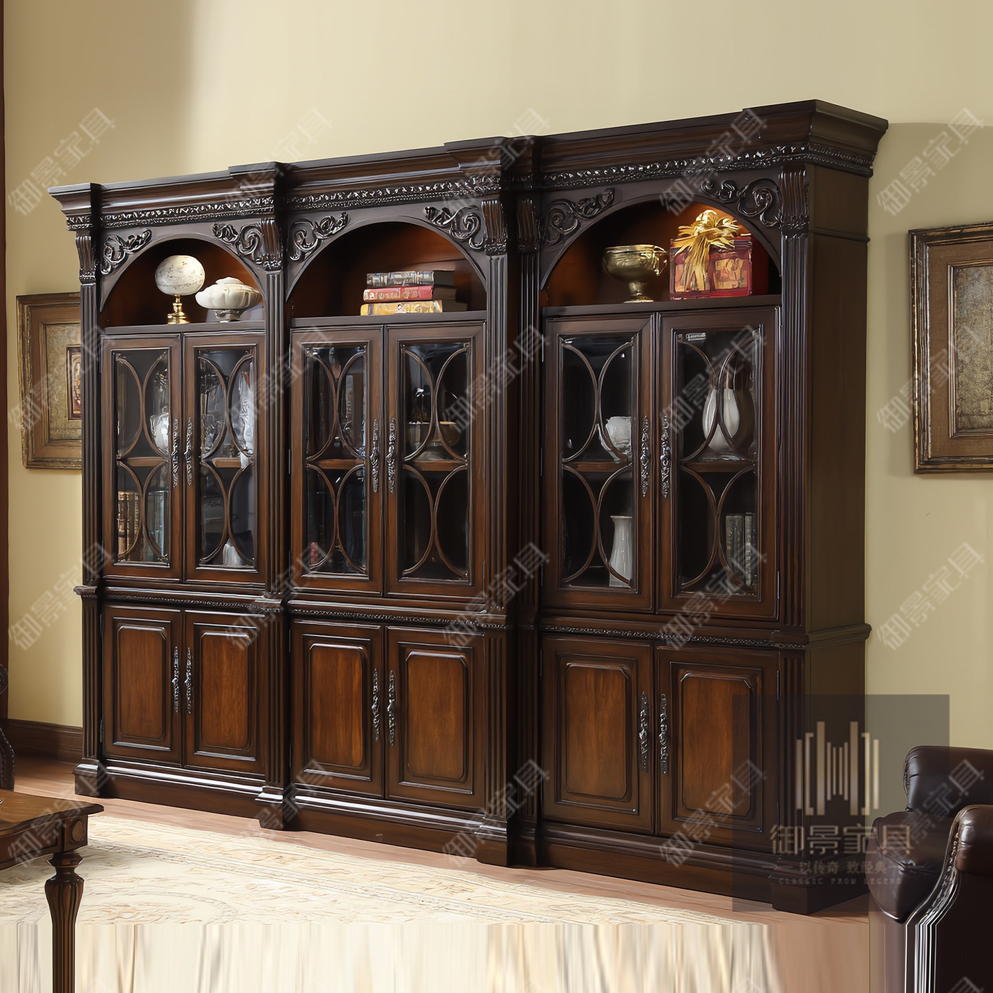 美式实木书柜欧式棕色雕花书架组合储物柜收纳柜客厅靠墙一体柜子