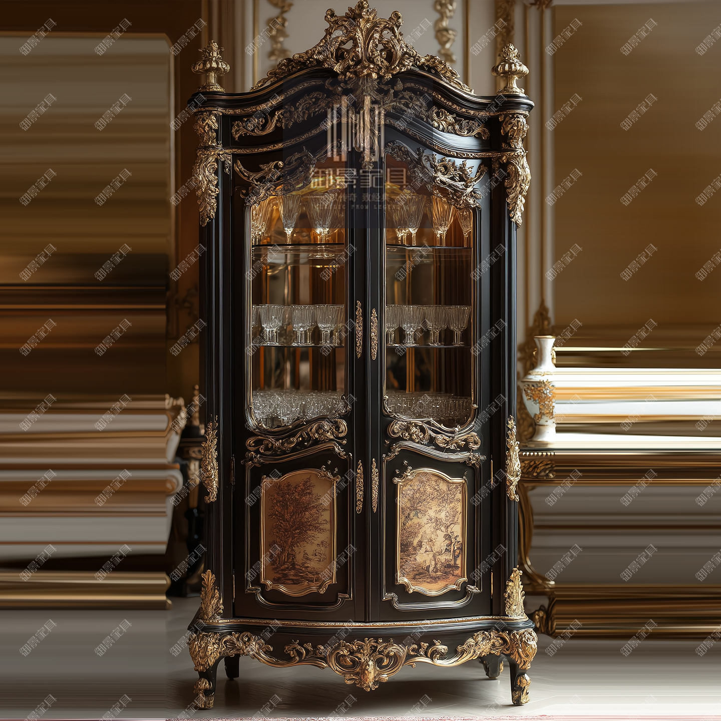 哥特风实木两门酒柜法式巴洛克金箔烤漆装饰柜客厅陈列柜双门边柜