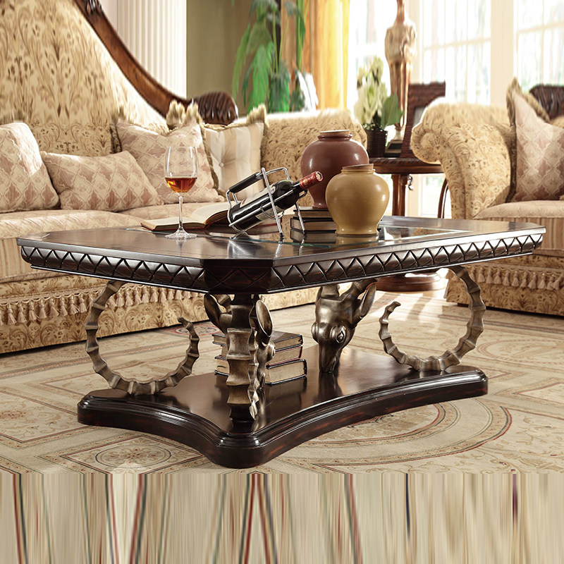 美式复古做旧茶几雕花法式茶桌原木色咖啡桌简约客厅现代