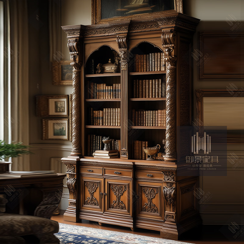 欧式雕花靠墙书柜展示柜法式奢华高档书架古董陶瓷茶叶收藏柜定制