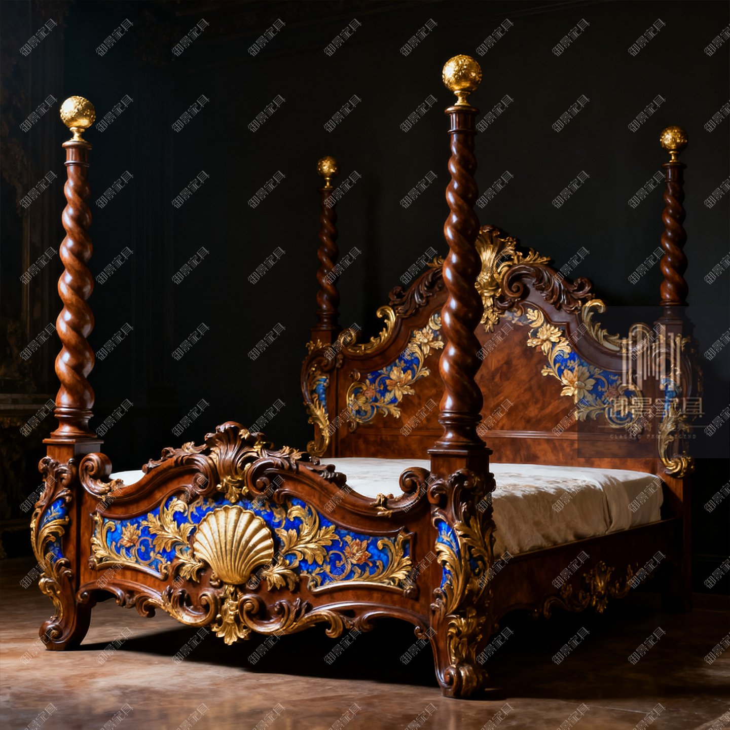法式巴洛克柱子床欧式雕花彩绘双人床主卧婚床别墅家具实木床定制