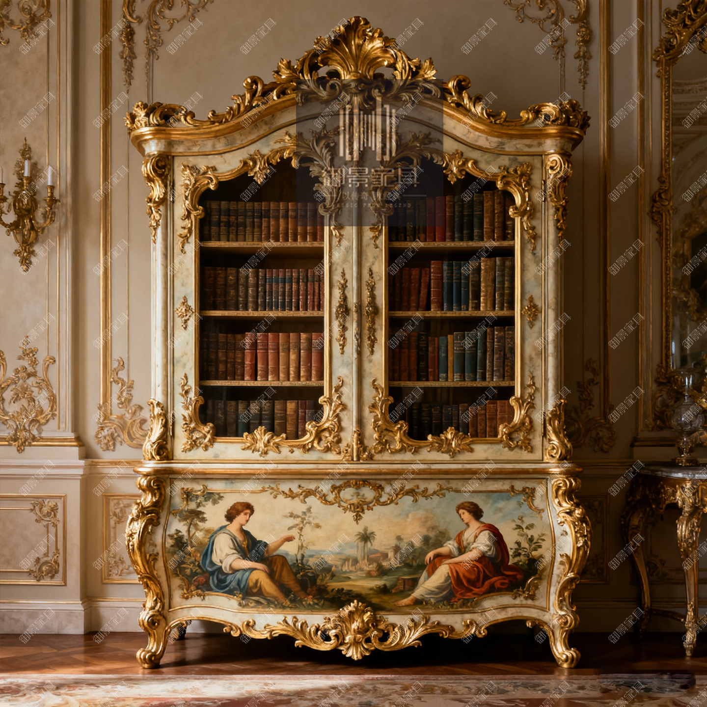 巴洛克实木两门书柜书架欧式雕花彩绘金箔做旧展示柜酒柜烤漆家具