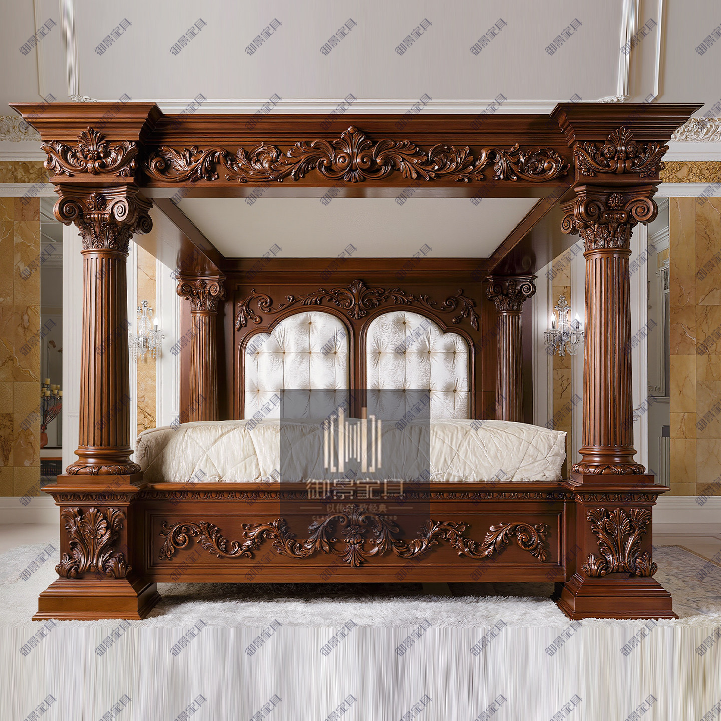 欧式实木床美式复古雕花床卧室双人床别墅主卧床婚床柱子床布艺床