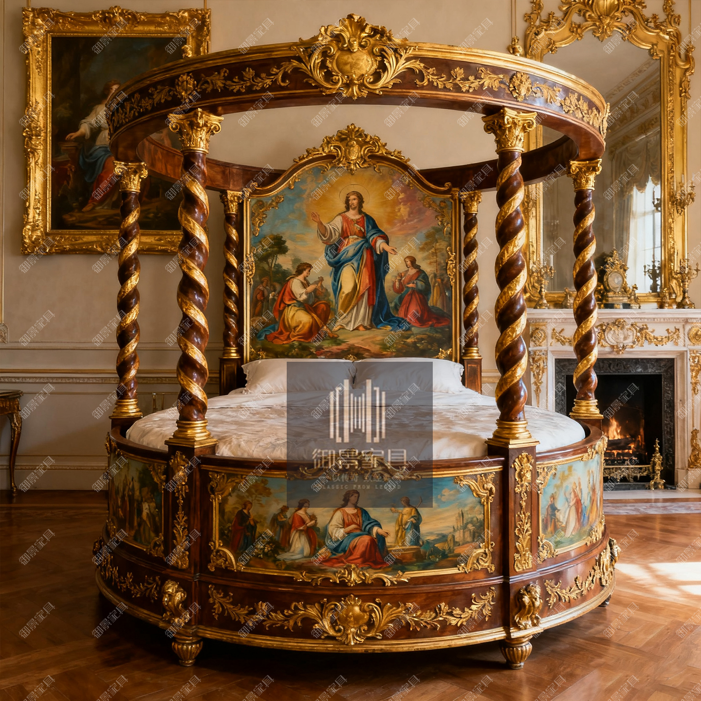 巴洛克实木圆床欧式彩绘柱子床法式宫廷公主床别墅床大户型主卧床