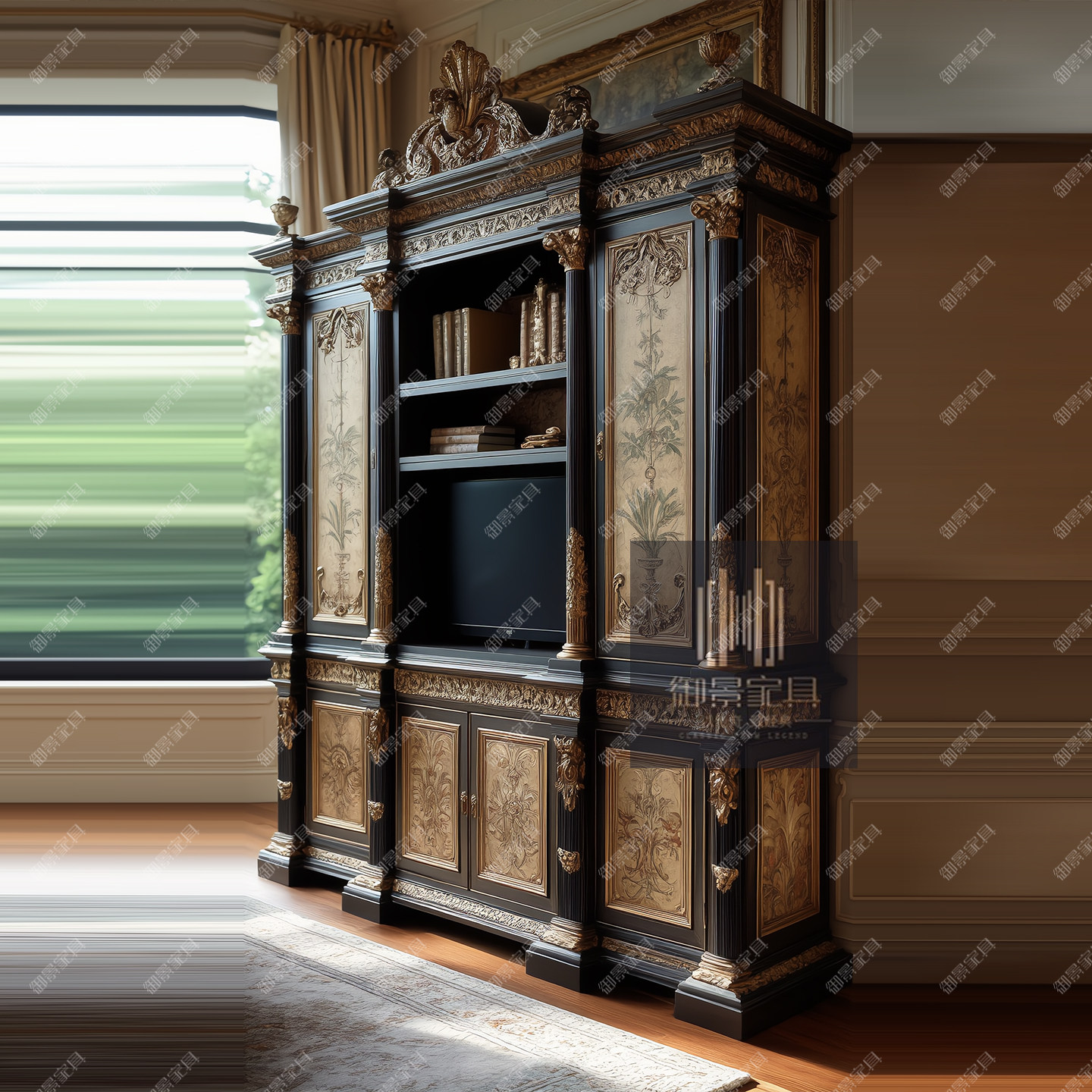 哥特风组合书柜展示柜欧式雕花定制电视柜法式巴洛克彩绘装饰柜子