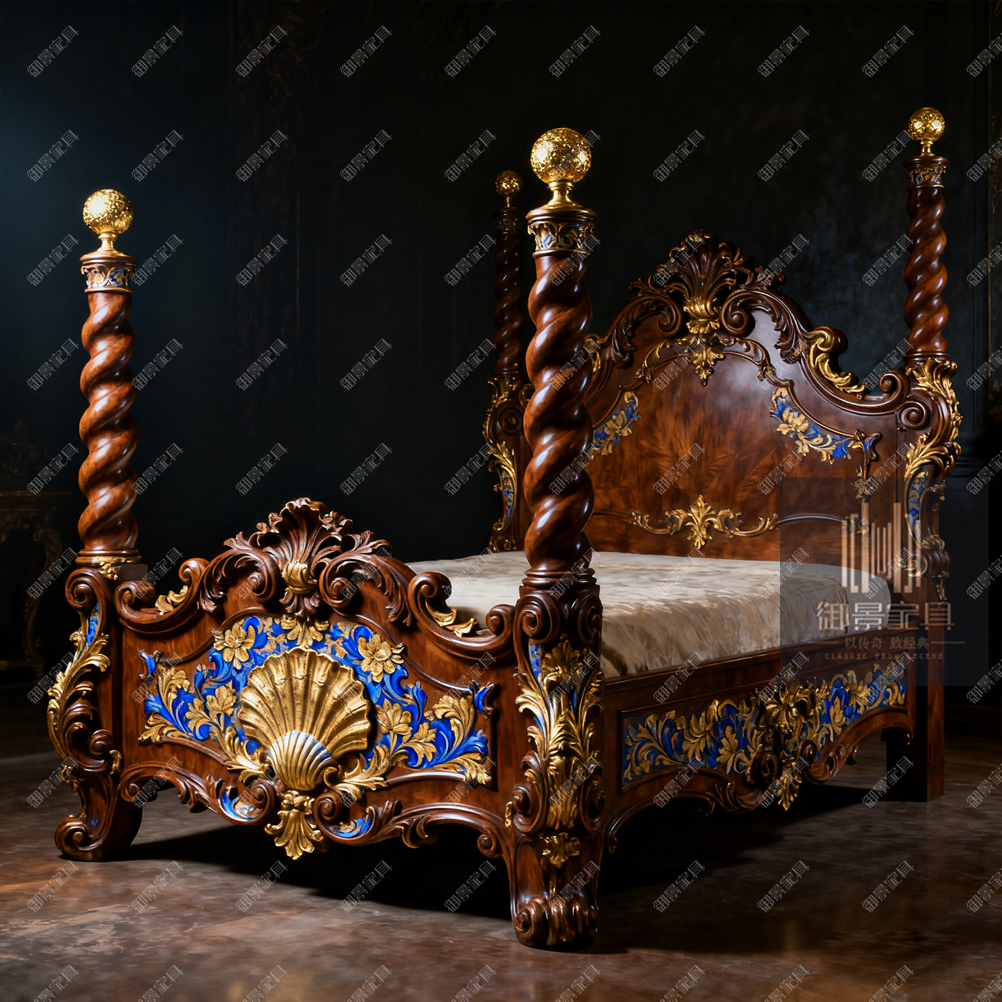 巴洛克彩绘实木双人床欧式雕花主卧大床法式公主床婚床别墅家具