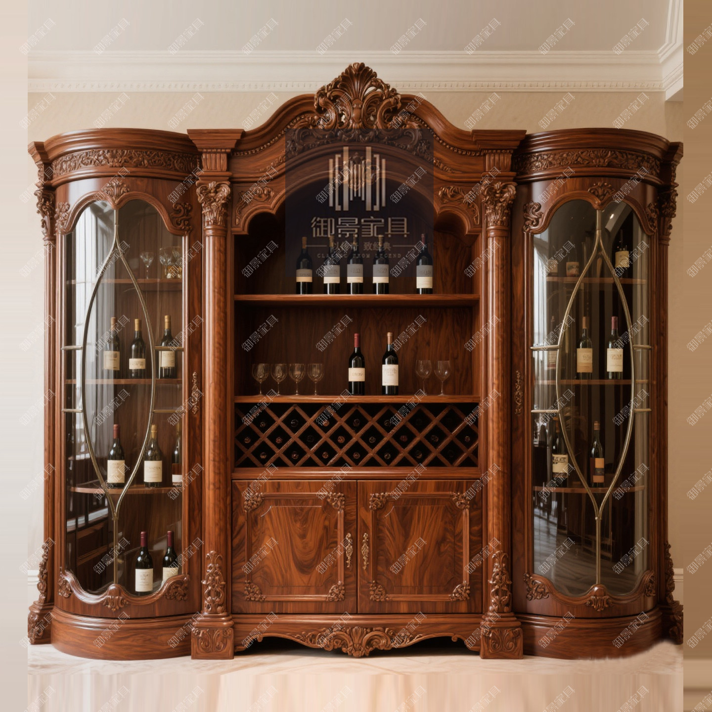 法式实木酒柜欧式古典雕花装饰柜客厅喝酒柜茶叶柜餐边柜弧形边柜