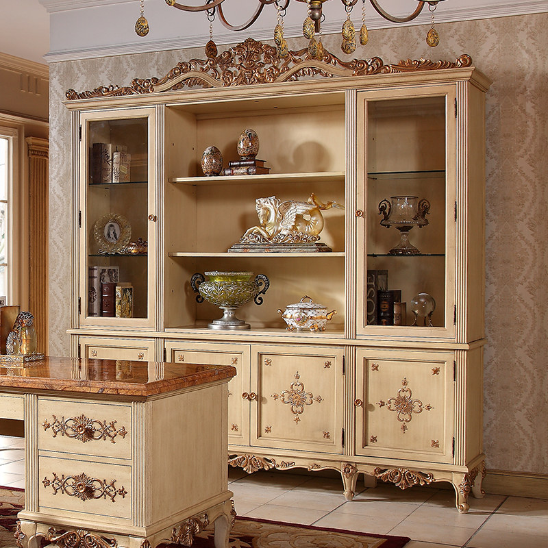欧式全实木书柜家用金箔做旧书橱装饰珠宝首饰商场展示柜玻璃柜子