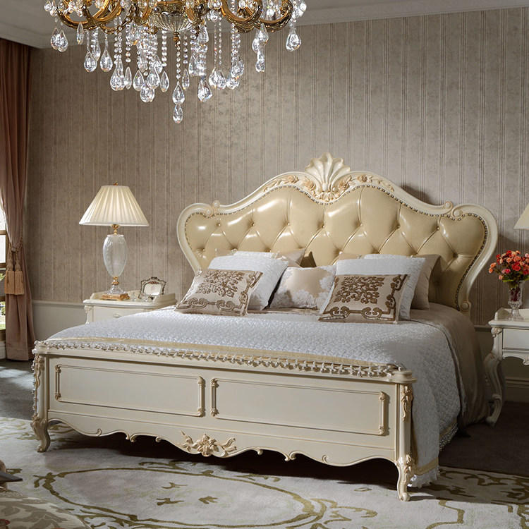 欧式宫廷实木双人床美式雕花白色做旧真皮床1.8米婚床主卧床定制