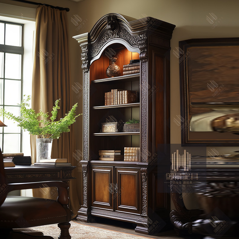 美式两门书柜展示柜欧式雕花复古做旧书架客厅茶叶古董名酒收藏柜