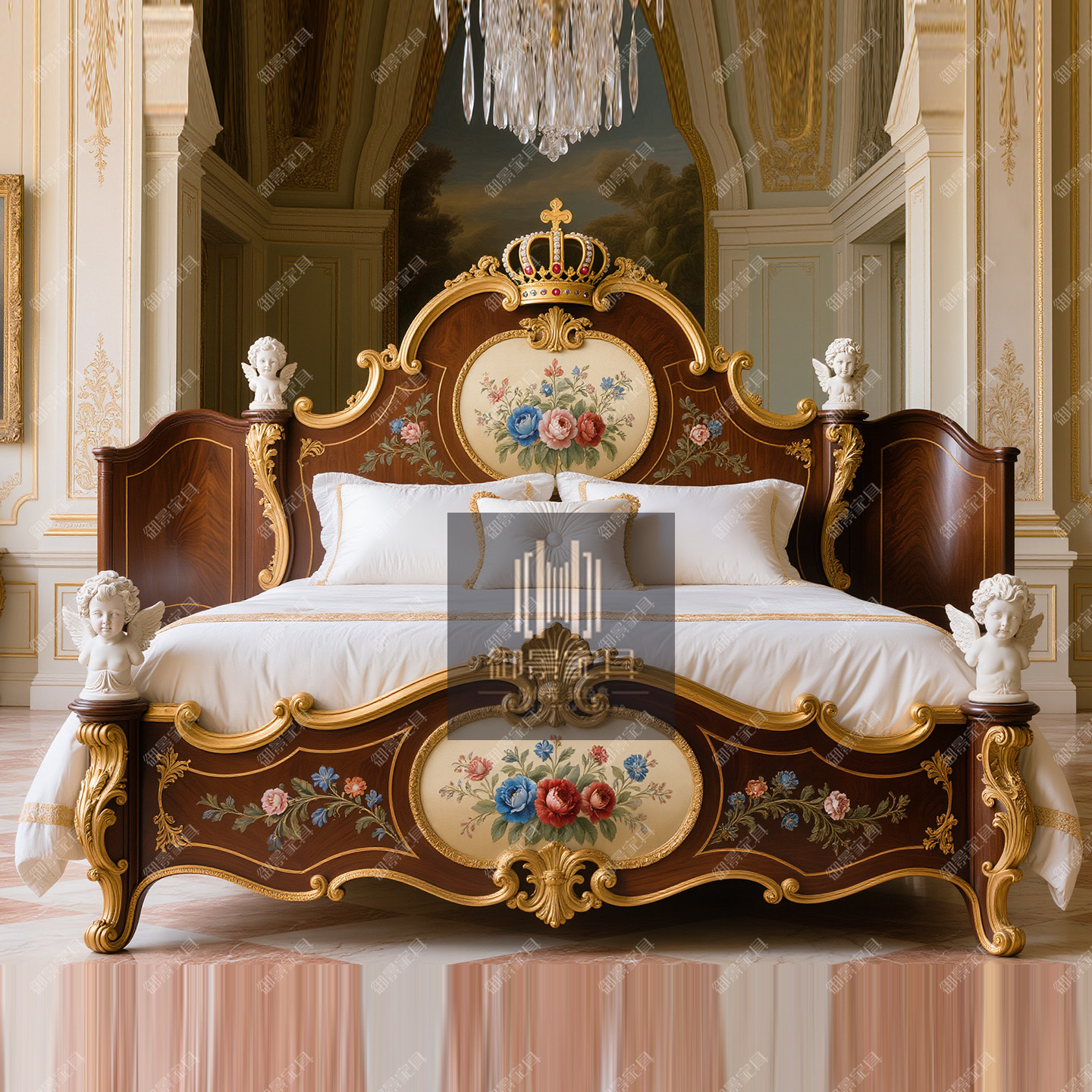 法式巴洛克天使雕花双人床欧式奢华彩绘大床带床屏别墅卧室家具