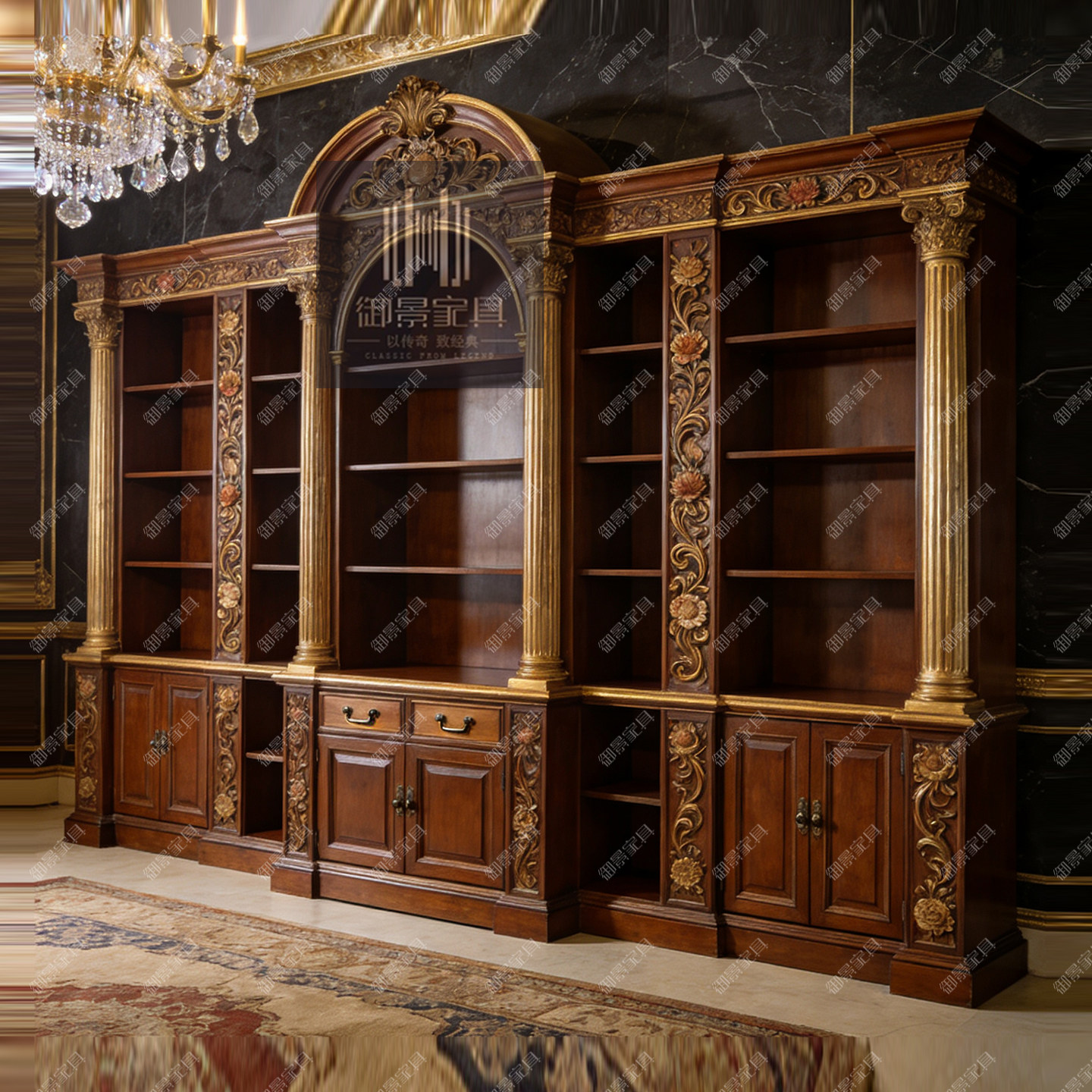 靠墙书柜一体装饰柜法式奢华组合书架陈列柜古典陶瓷饰品装饰柜子