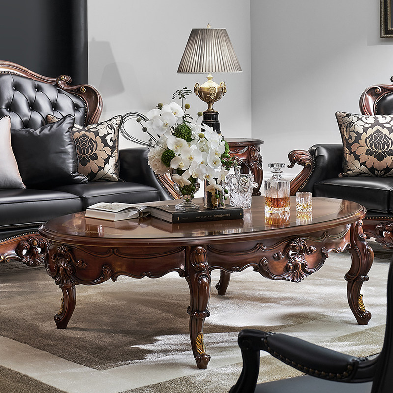 美式复古做旧椭圆茶几桌子家用品质实木弧形茶几别墅样板房家具