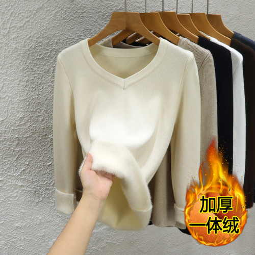 2025秋冬新款v领毛衣女加绒加厚一体绒内搭保暖打底衫针织衫上衣