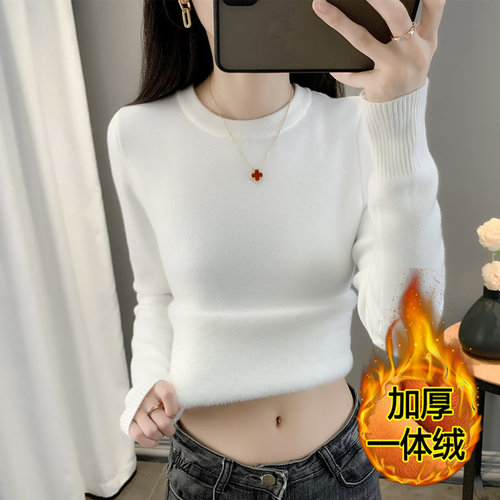圆领毛衣女秋冬加绒加厚一体绒套头针织衫保暖内搭大码打底衫上衣