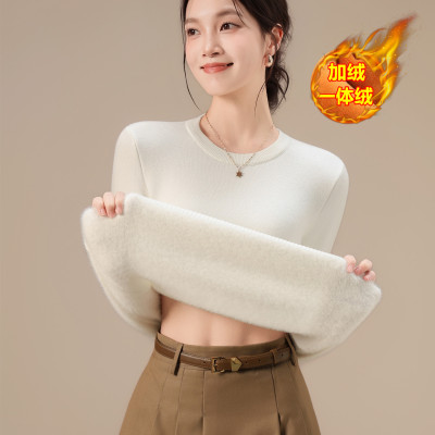 圆领毛衣女加绒加厚一体绒秋冬针织衫修身保暖大码打底衫内搭上衣