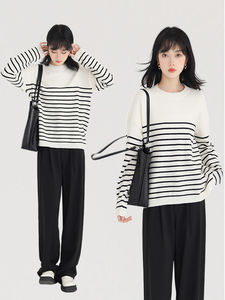 大码条纹毛衣女胖mm秋冬宽松圆领慵懒风百搭打底针织衫上衣200斤