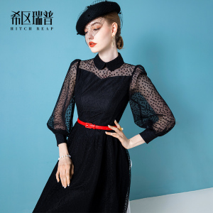 希区瑞普高端法式赫本连衣裙女春夏款优雅修身气质蕾丝复古灯笼袖