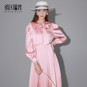 希区瑞普高端飘带领泡泡袖连衣裙春夏新款重磅丝缎显瘦洋气裙