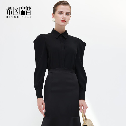 复古翻领百搭短女衬衫法式长袖