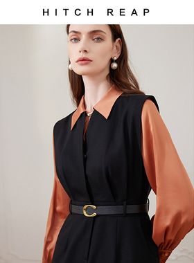 希区瑞普春夏精纺羊毛背心裙腰带收腰过膝包臀裙黑驼灰色OL连衣裙