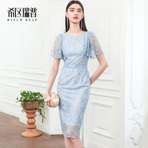 希区瑞普高端碎花连衣裙女装春夏季法式刺绣气质修身裙子