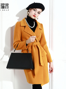 希区瑞普双面羊毛呢大衣女黄色无羊绒中长款外套欧美新款