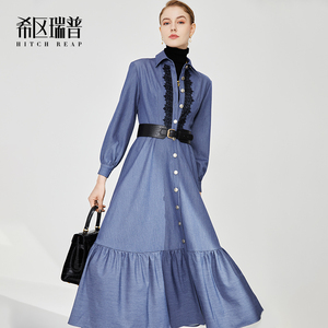 希区高端连衣裙女春夏新款法式牛仔蕾丝拼接气质时尚衬衫式长裙