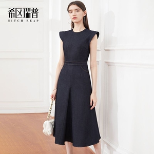 希区瑞普高端春夏新款牛仔圆领连衣裙女中长款气质显瘦牛仔裙