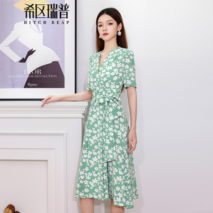 希区瑞普原创法式田园风V领碎花连衣裙女夏收腰显瘦中长裙豆绿色