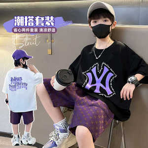 MLBLEATOO男童2024夏装新款儿童短袖t恤中大童装男孩运动两件套装