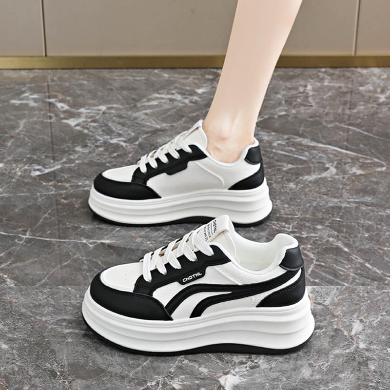 鞋子女款2025新款秋季皮面小个子厚底增高运动板鞋配阔腿裤老爹鞋