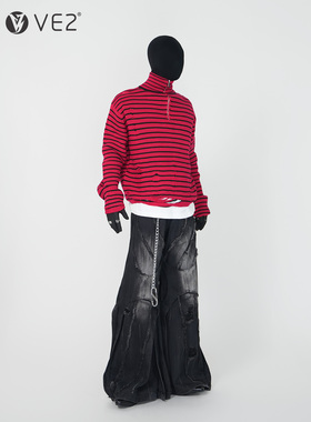 VE2 秋冬重磅半拉链高领条纹红色针织衫毛衣男女破坏流苏设计打底