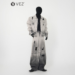 男废土风脏洗做旧垫肩夹克阔腿牛仔裤 VE2 高级感秀场破坏牛仔套装