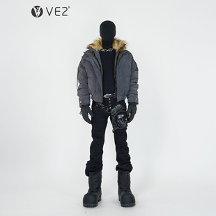 VE2 加厚保暖棉服外套男重磅座山雕棉衣 视觉系假两件高领拼毛冬季