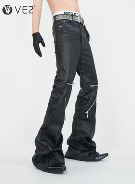 VE2 暗黑先锋重工结构设计涂层蜡染微喇牛仔裤男RO风堆积拖地长裤