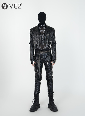 VE2 暗黑先锋结构设计短款PU皮夹克外套男女朋克亚比舞台演出马甲