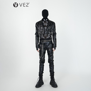 VE2 PU皮夹克外套男女朋克亚比舞台演出马甲 暗黑先锋结构设计短款