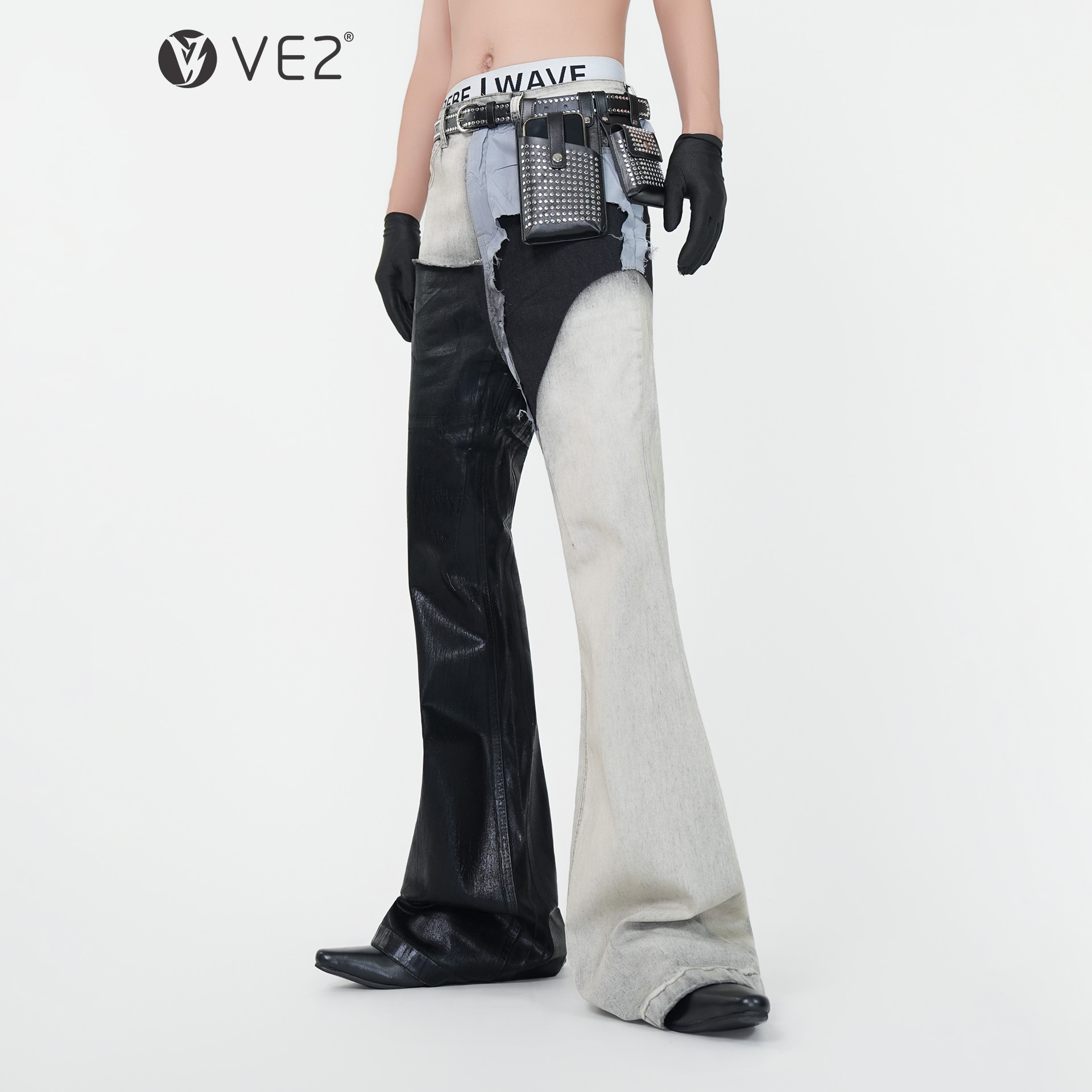 小众设计RO风拼接蜡面涂层牛仔裤