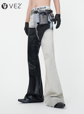 VE2 小众设计RO风拼接蜡面涂层微喇牛仔裤男秀场个性堆积拖地长裤