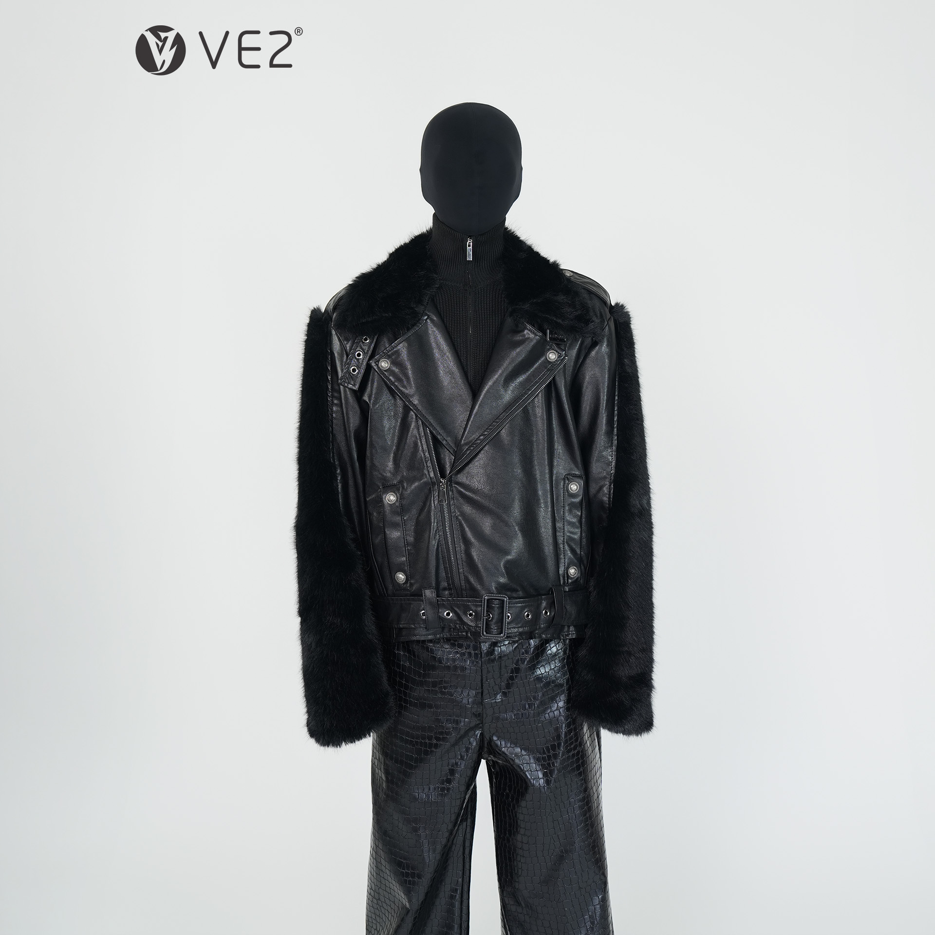 VE2高定轻奢PU皮拼接机车服