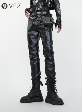 VE2 高级暗黑先锋堆积PU皮修身弹力小脚裤男摇滚朋克哈雷机车长裤