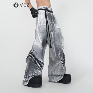 男抽绳绑带结构拖地裤 牛仔裤 潮 废土风脏洗做旧宽松直筒喇叭裤 VE2