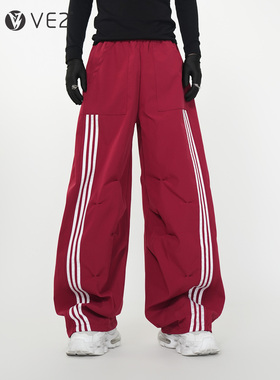 VE2 美式褶皱伞兵裤男女宽松休闲阔腿裤三条杠弯刀裤红色束脚裤潮
