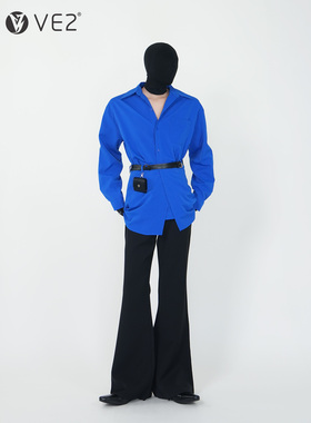 VE2 高级感蓝色二件套长袖衬衫男女演出服套装时髦发型师裙摆衬衣