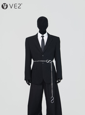 VE2 黑色单排两粒扣平驳领休闲宽松西服男链条收腰免烫垫肩西装