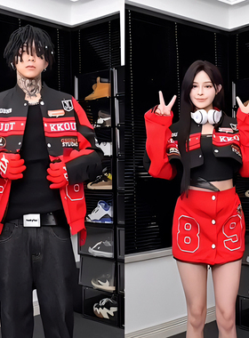 VE2 设计感可拆卸情侣机车服夹克男春秋红色美式赛车服宽松外套女